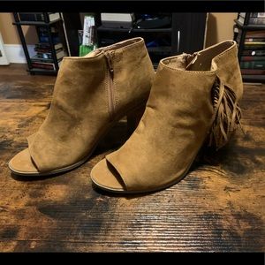 Cato Suede Fringe Peep-Toe Booties, Size 11
